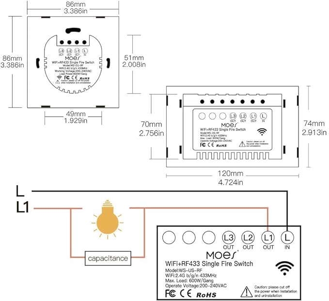 MOES Interruptor Inteligente Luz Sin Neutro WiFi Conmutador pared Compatible con Alexa y Google Home, trabajo con apps Smart L ife y Tuya, RF433 Control